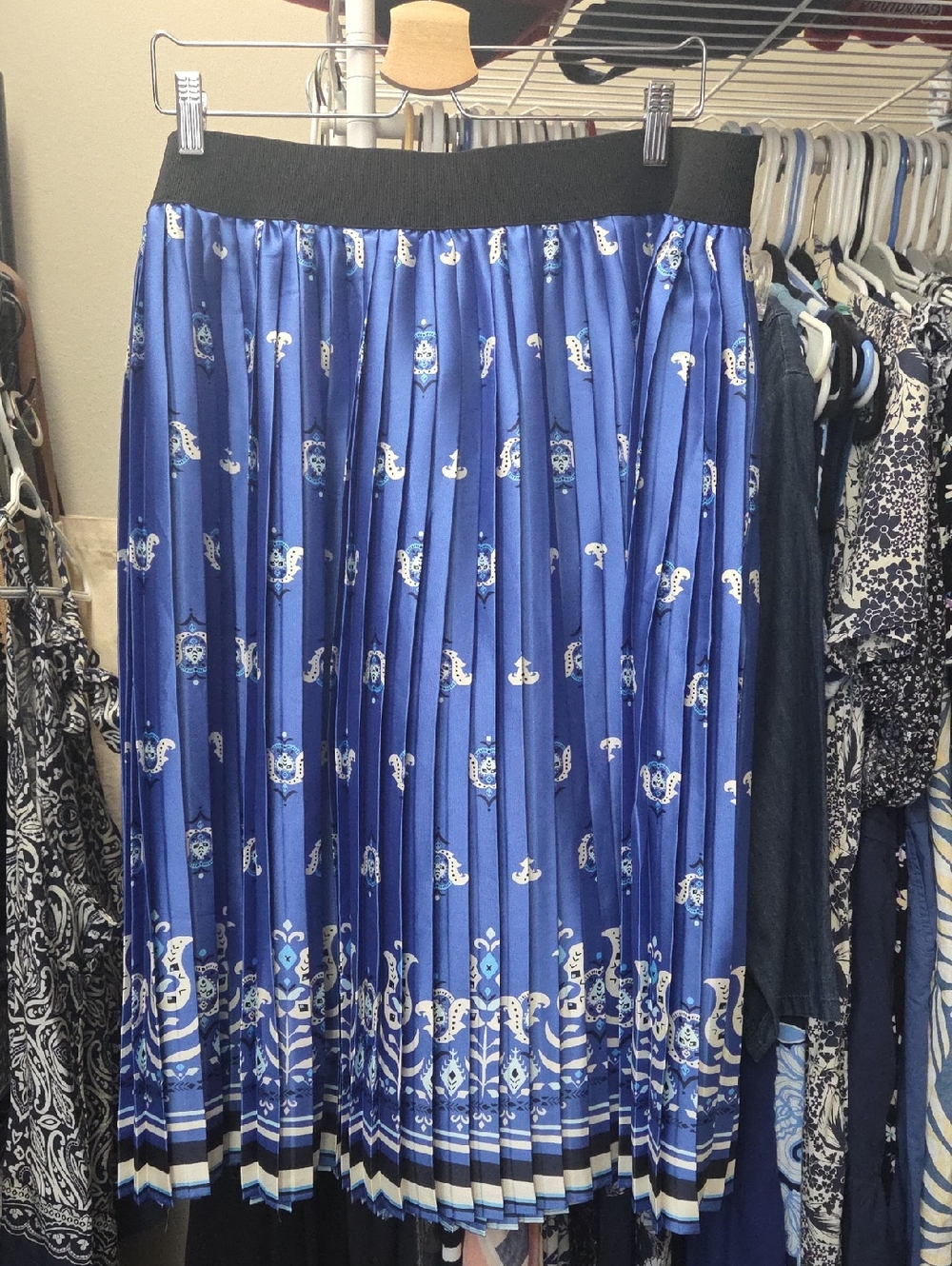 Lane Bryant Blue Pleated Midi Skirt with Black Waistband and White Accents